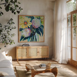 Boisterous by Jeanette Vertentes. Shown in a natural wood frame in a cozy modern living room. Available as an archival giclee rolled canvas, fine art paper, or poster print. SKU 101651a.