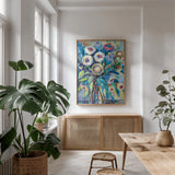Bountiful Bouquet by Jeanette Vertentes. shown as a print in a natural wood frame in a dining room. Available as a archival giclee rolled canvas, fine art paper, or poster print. SKU 70354h.
