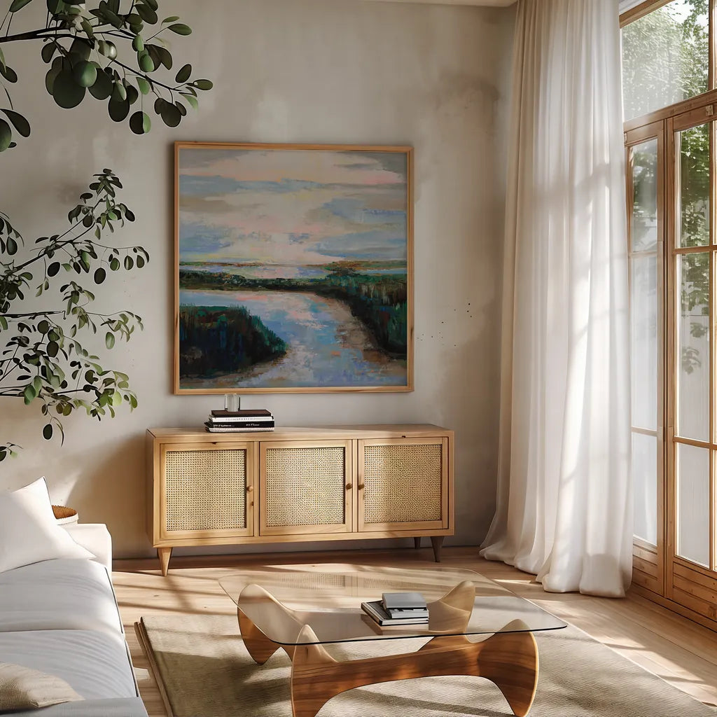 Breath by Jeanette Vertentes. Shown in a natural wood frame in a cozy modern living room. Available as an archival giclee rolled canvas, fine art paper, or poster print. SKU 89212a.