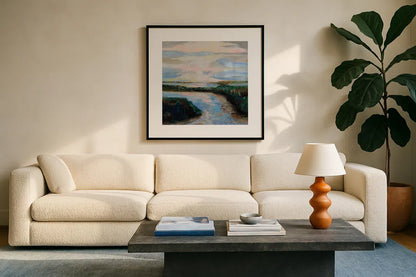 Breath by Jeanette Vertentes. Displayed in a glass frame with matte in a clean modern living room. Available as an archival giclee rolled canvas, fine art paper, or poster print. SKU 89212a.
