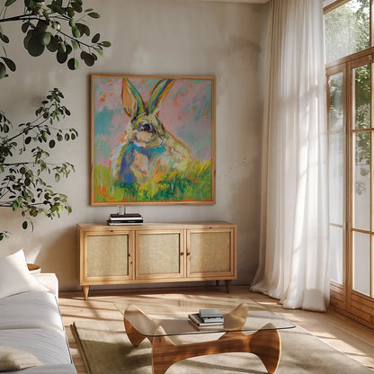Bugsy by Jeanette Vertentes. Shown in a natural wood frame in a cozy modern living room. Available as an archival giclee rolled canvas, fine art paper, or poster print. SKU 71462a.