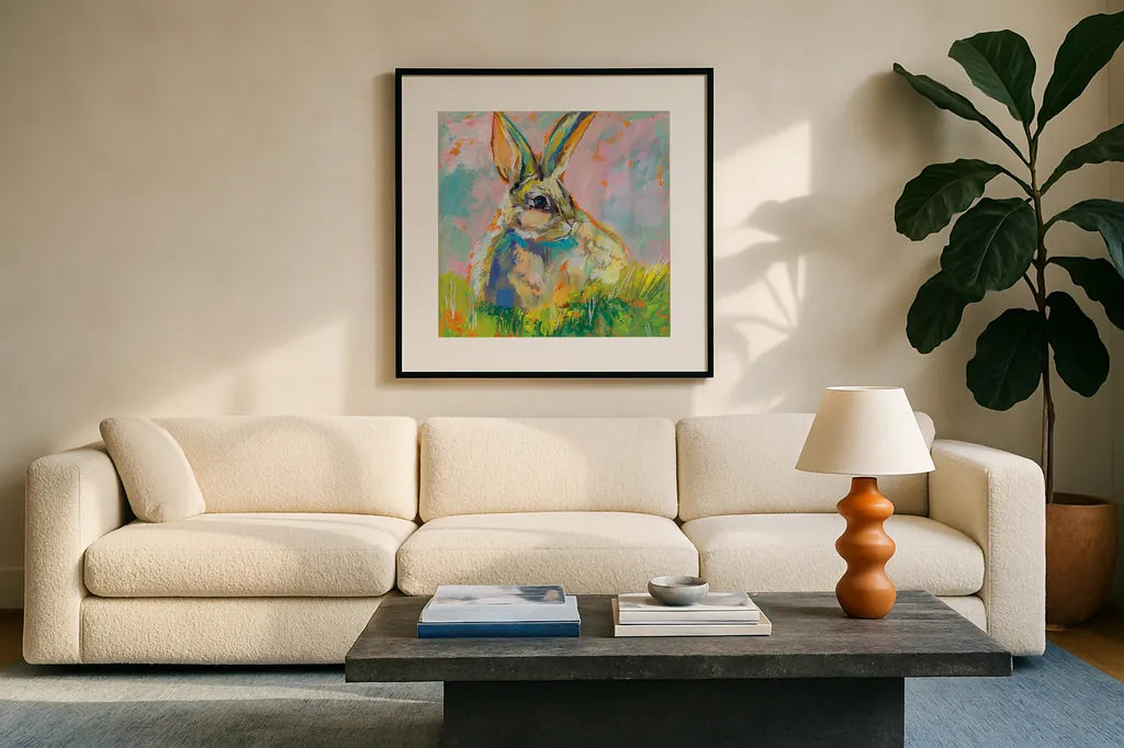 Bugsy by Jeanette Vertentes. Displayed in a glass frame with matte in a clean modern living room. Available as an archival giclee rolled canvas, fine art paper, or poster print. SKU 71462a.