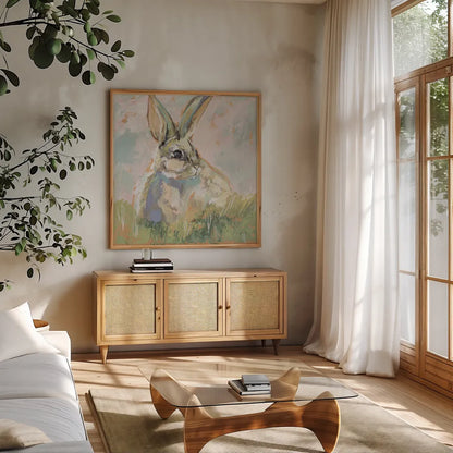 Bugsy Neutral by Jeanette Vertentes. Shown in a natural wood frame in a cozy modern living room. Available as an archival giclee rolled canvas, fine art paper, or poster print. SKU 78358a.