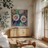 By My Side by Jeanette Vertentes. Shown in a natural wood frame in a cozy modern living room. Available as an archival giclee rolled canvas, fine art paper, or poster print. SKU 99845a.