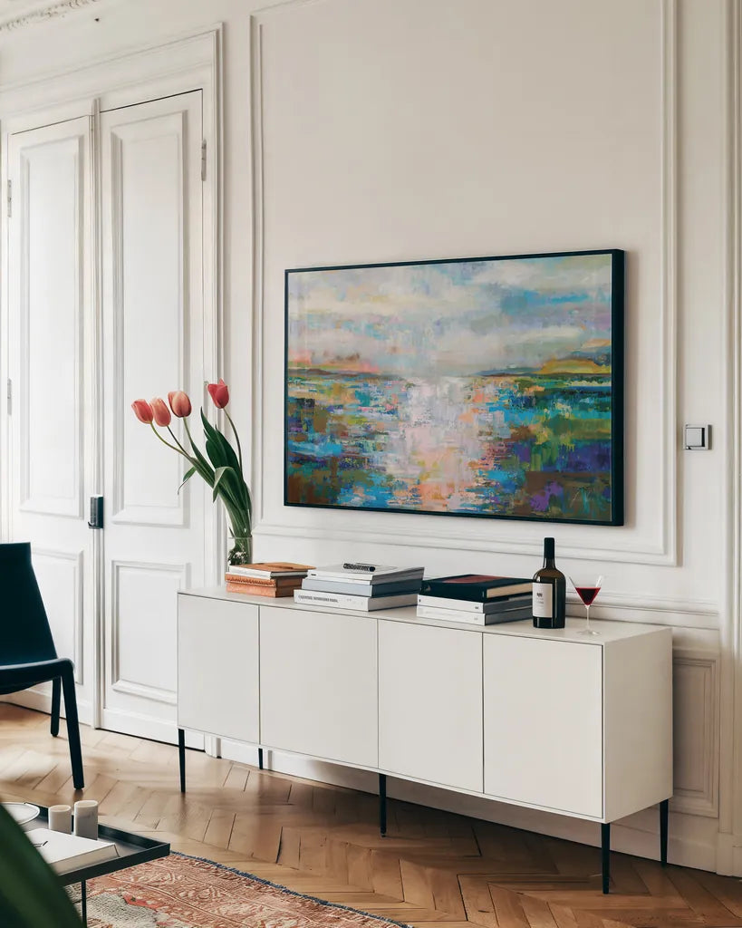 Calm Dawn by Jeanette Vertentes. shown as a framed stretched canvas in a living room above a console. Available as a archival giclee rolled canvas, fine art paper, or poster print. SKU 80793i.
