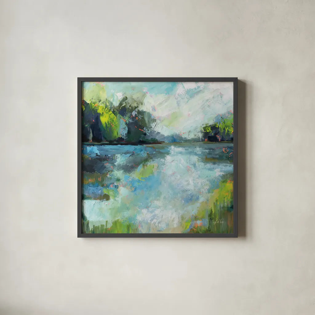 Calm Waters by Jeanette Vertentes. Shown in a sleek black glass frame for a contemporary gallery look. Available as an archival giclee rolled canvas, fine art paper, or poster print. SKU 68575a.