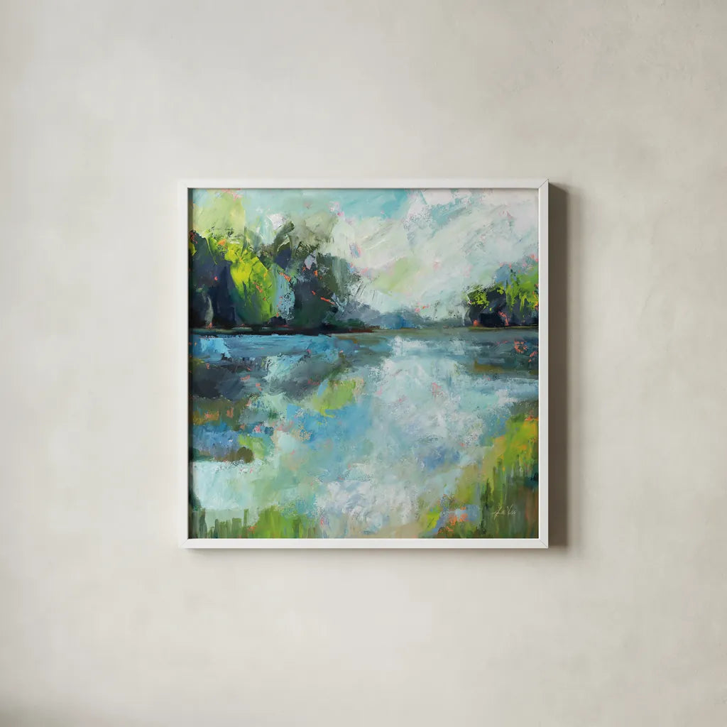 Calm Waters by Jeanette Vertentes. Shown in a crisp white glass frame for a clean and minimalist style. Available as an archival giclee rolled canvas, fine art paper, or poster print. SKU 68575a.