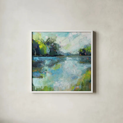 Calm Waters by Jeanette Vertentes. Shown in a crisp white glass frame for a clean and minimalist style. Available as an archival giclee rolled canvas, fine art paper, or poster print. SKU 68575a.