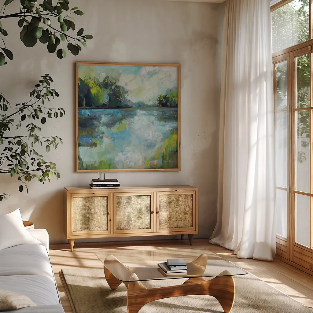 Calm Waters by Jeanette Vertentes. Shown in a natural wood frame in a cozy modern living room. Available as an archival giclee rolled canvas, fine art paper, or poster print. SKU 68575a.