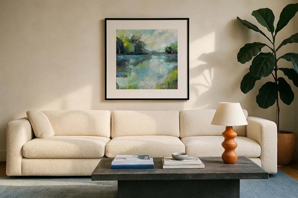 Calm Waters by Jeanette Vertentes. Displayed in a glass frame with matte in a clean modern living room. Available as an archival giclee rolled canvas, fine art paper, or poster print. SKU 68575a.