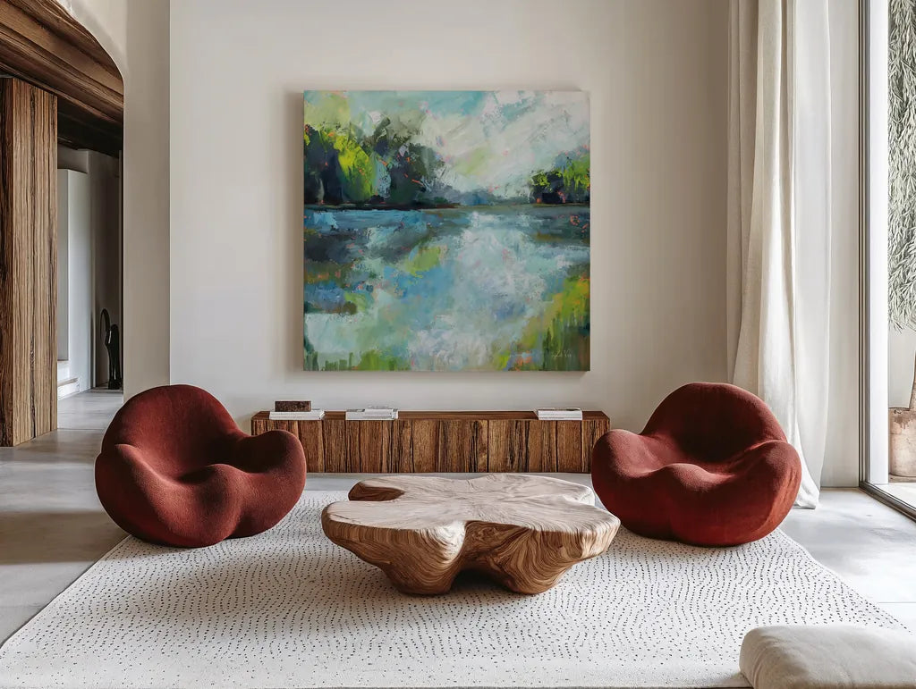 Calm Waters by Jeanette Vertentes. Shown as extra-large giant wall art in a modern living room. Available as an archival giclee rolled canvas, fine art paper, or poster print. SKU 68575a.
