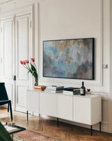 Carefree I by Jeanette Vertentes. shown as a framed stretched canvas in a living room above a console. Available as a archival giclee rolled canvas, fine art paper, or poster print. SKU 103177i.