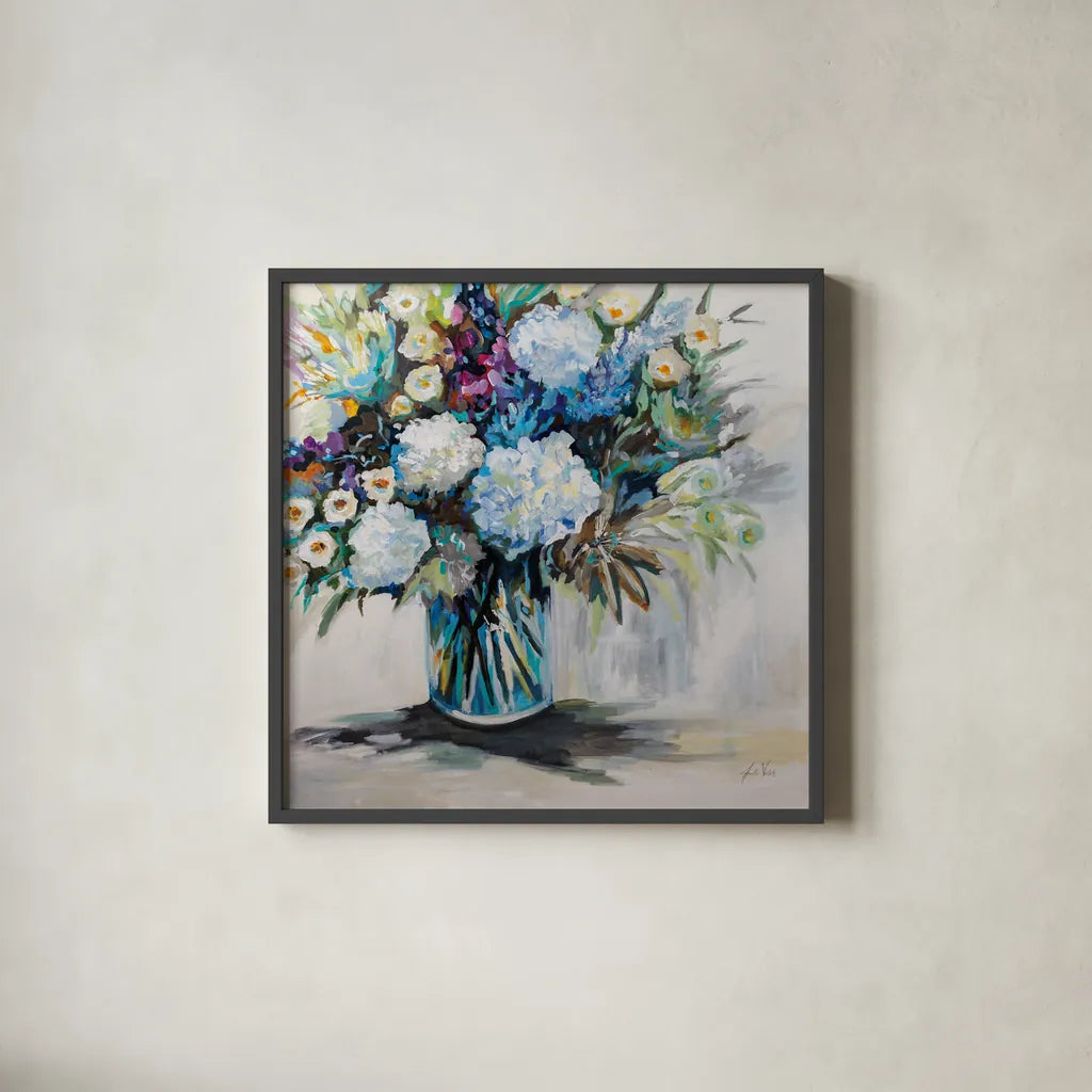 Cecilias Bouquet by Jeanette Vertentes. Shown in a sleek black glass frame for a contemporary gallery look. Available as an archival giclee rolled canvas, fine art paper, or poster print. SKU 84840a.