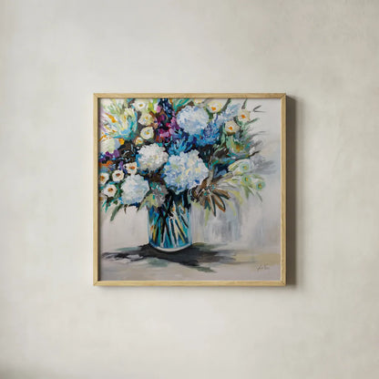 Cecilias Bouquet by Jeanette Vertentes. Shown in a natural wood glass frame for a timeless modern aesthetic. Available as an archival giclee rolled canvas, fine art paper, or poster print. SKU 84840a.