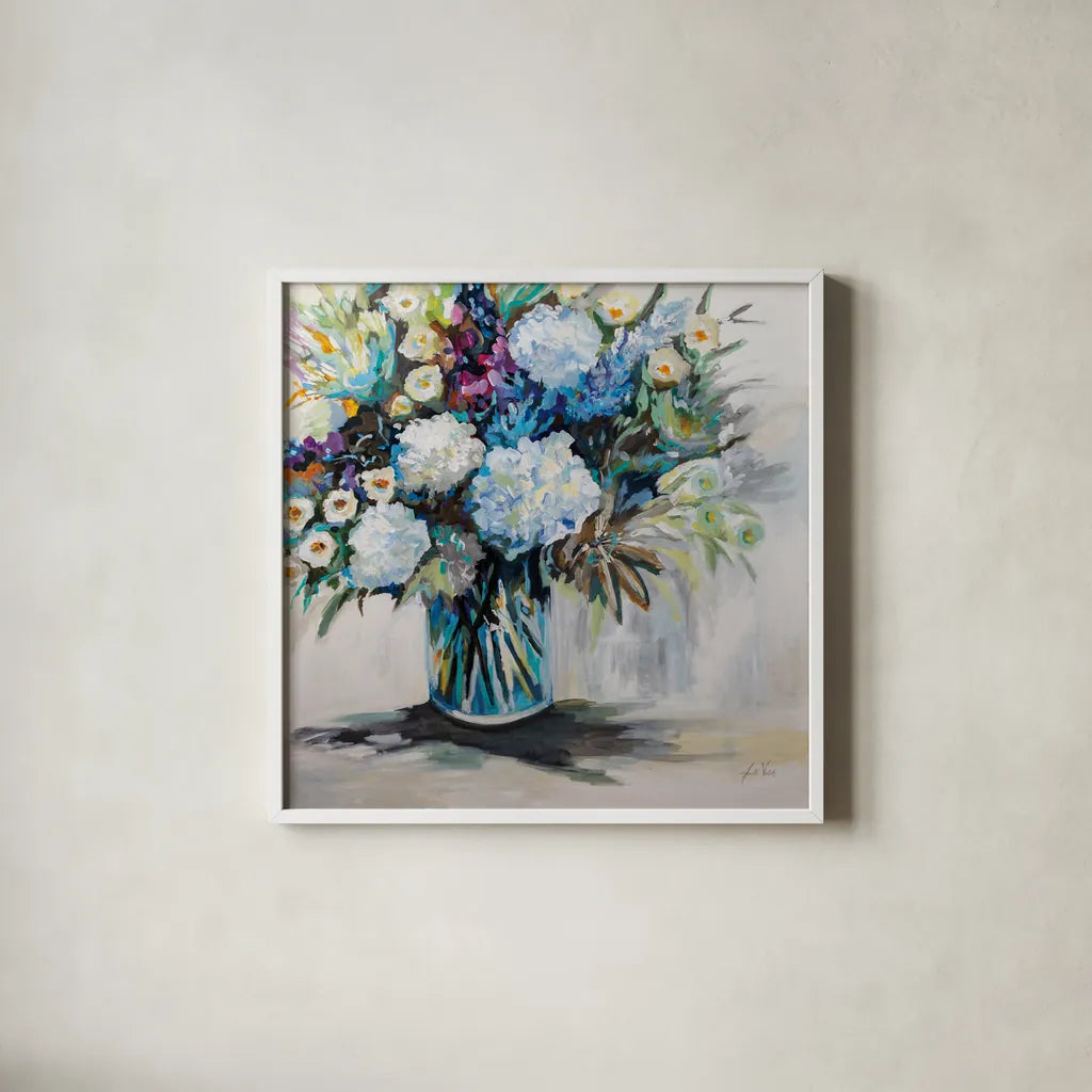 Cecilias Bouquet by Jeanette Vertentes. Shown in a crisp white glass frame for a clean and minimalist style. Available as an archival giclee rolled canvas, fine art paper, or poster print. SKU 84840a.