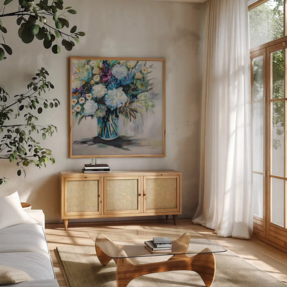 Cecilias Bouquet by Jeanette Vertentes. Shown in a natural wood frame in a cozy modern living room. Available as an archival giclee rolled canvas, fine art paper, or poster print. SKU 84840a.