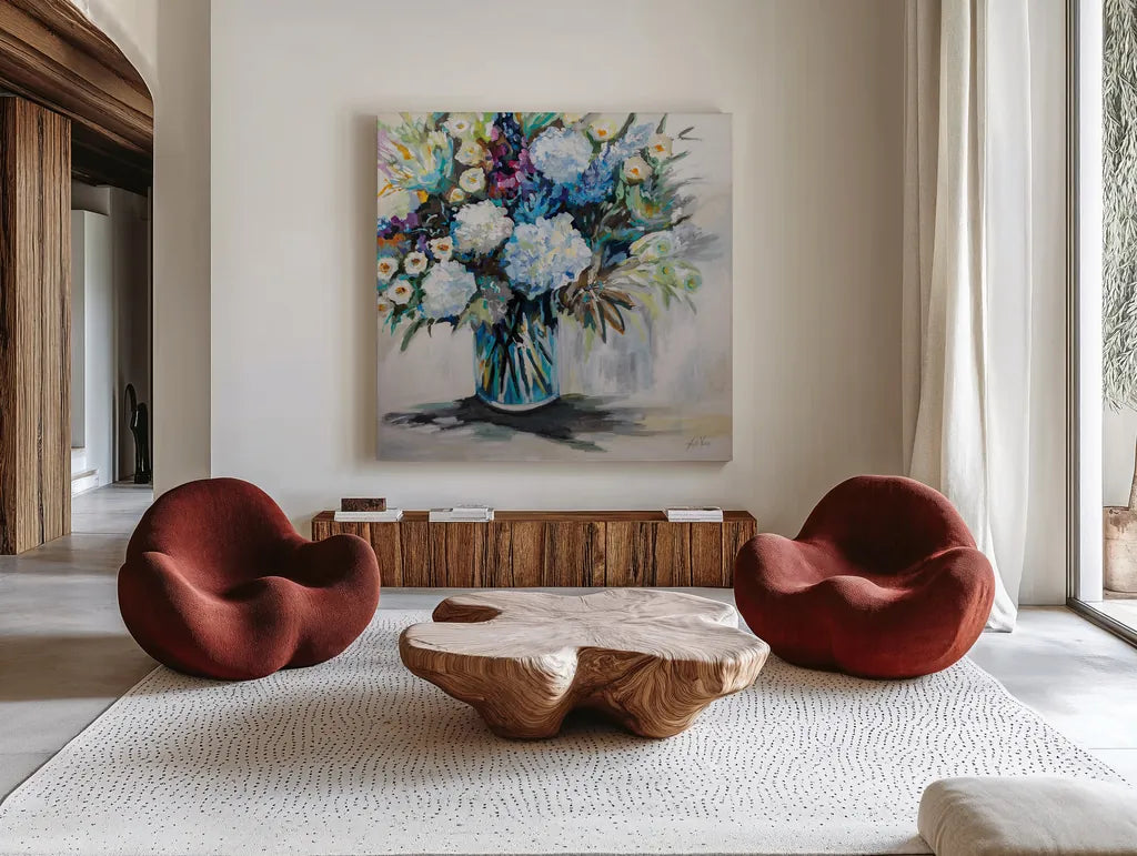 Cecilias Bouquet by Jeanette Vertentes. Shown as extra-large giant wall art in a modern living room. Available as an archival giclee rolled canvas, fine art paper, or poster print. SKU 84840a.