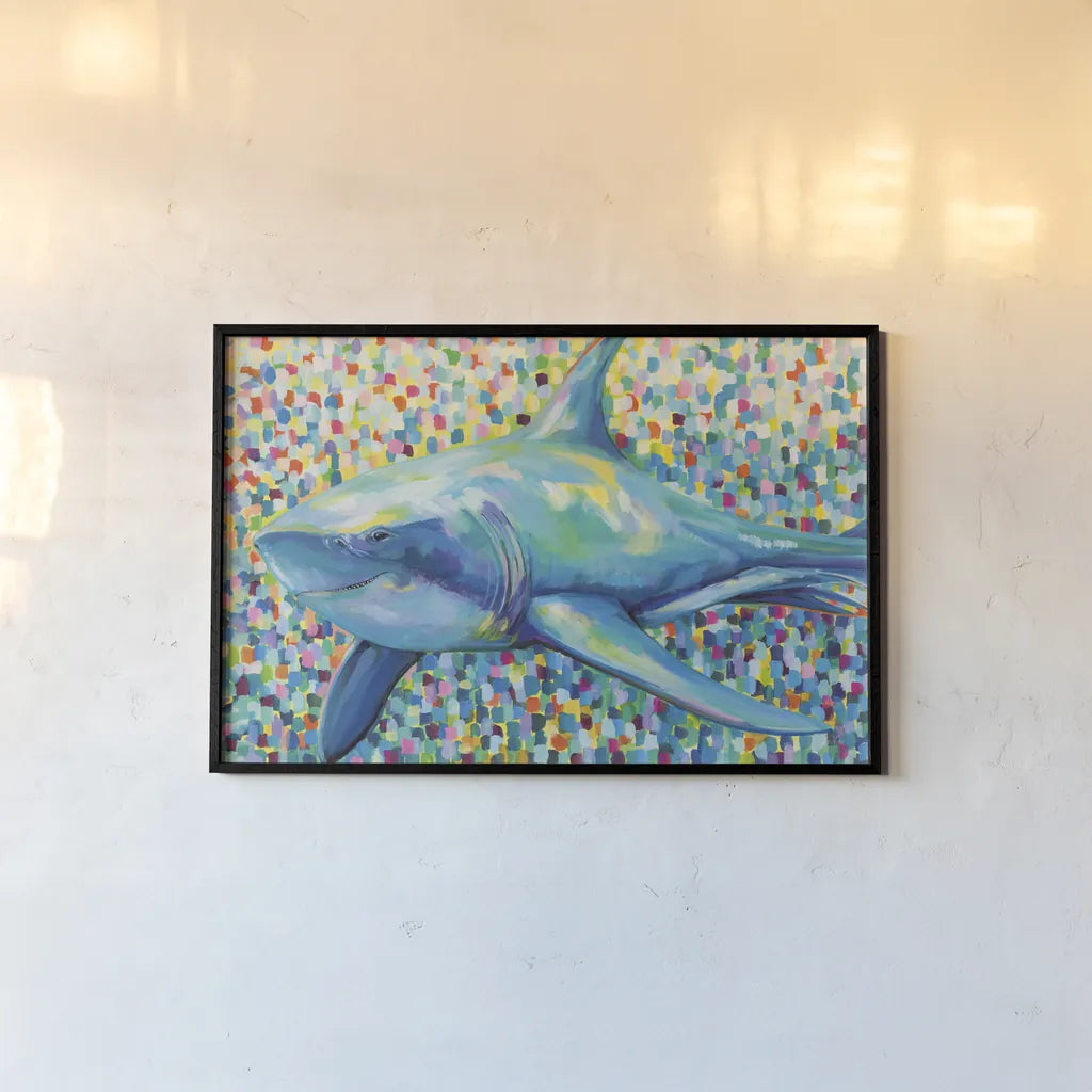 Chatham Shark by Jeanette Vertentes. shown as a paper print in a black flame. Available as a archival giclee rolled canvas, fine art paper, or poster print. SKU 63465i.
