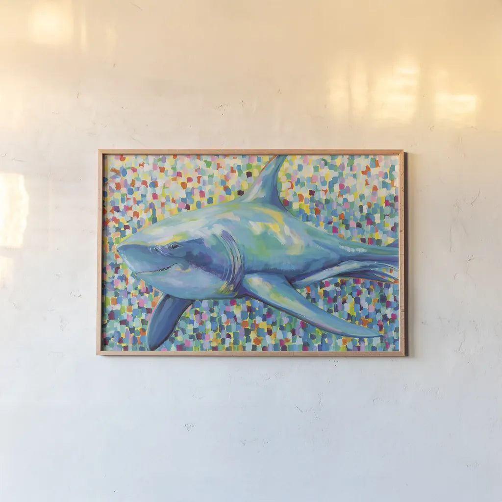Chatham Shark by Jeanette Vertentes. shown as a paper print in a natural frame. Available as a archival giclee rolled canvas, fine art paper, or poster print. SKU 63465i.