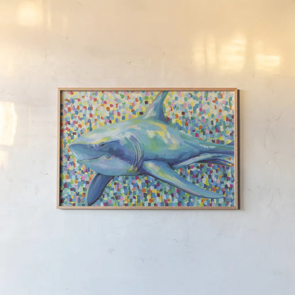 Chatham Shark by Jeanette Vertentes. shown as a paper print in a natural frame. Available as a archival giclee rolled canvas, fine art paper, or poster print. SKU 63465i.