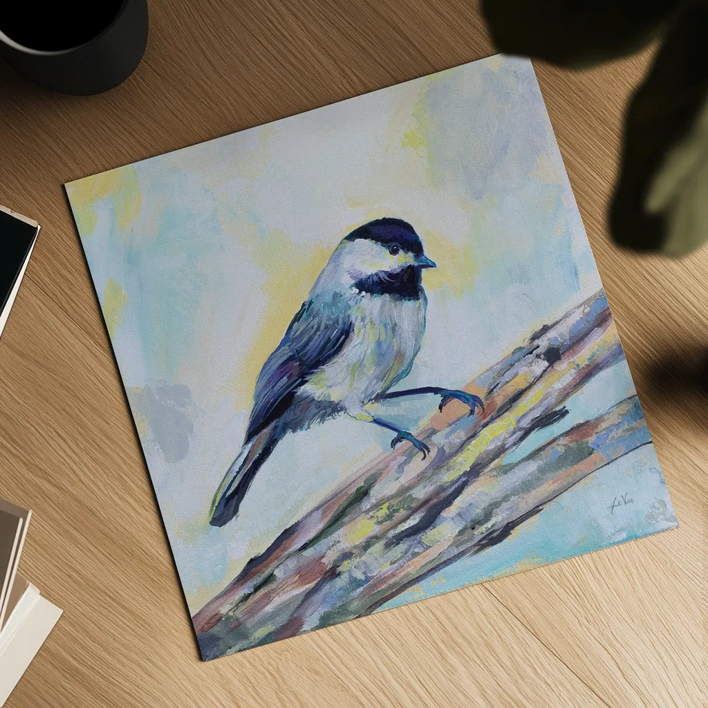 Chickadee by Jeanette Vertentes. Shown as a detailed flat fine art print, highlighting archival giclee quality. Available as an archival giclee rolled canvas, fine art paper, or poster print. SKU 63458a.