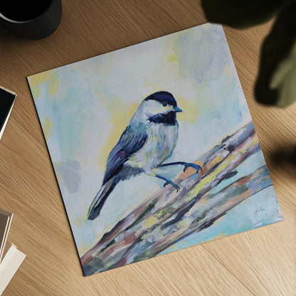 Chickadee by Jeanette Vertentes. Shown as a detailed flat fine art print, highlighting archival giclee quality. Available as an archival giclee rolled canvas, fine art paper, or poster print. SKU 63458a.