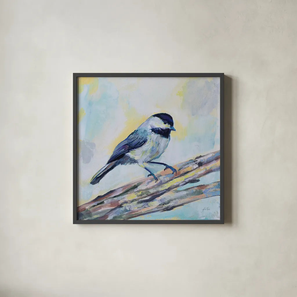 Chickadee by Jeanette Vertentes. Shown in a sleek black glass frame for a contemporary gallery look. Available as an archival giclee rolled canvas, fine art paper, or poster print. SKU 63458a.