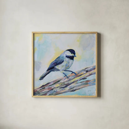 Chickadee by Jeanette Vertentes. Shown in a natural wood glass frame for a timeless modern aesthetic. Available as an archival giclee rolled canvas, fine art paper, or poster print. SKU 63458a.