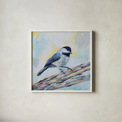 Chickadee by Jeanette Vertentes. Shown in a crisp white glass frame for a clean and minimalist style. Available as an archival giclee rolled canvas, fine art paper, or poster print. SKU 63458a.