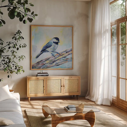 Chickadee by Jeanette Vertentes. Shown in a natural wood frame in a cozy modern living room. Available as an archival giclee rolled canvas, fine art paper, or poster print. SKU 63458a.