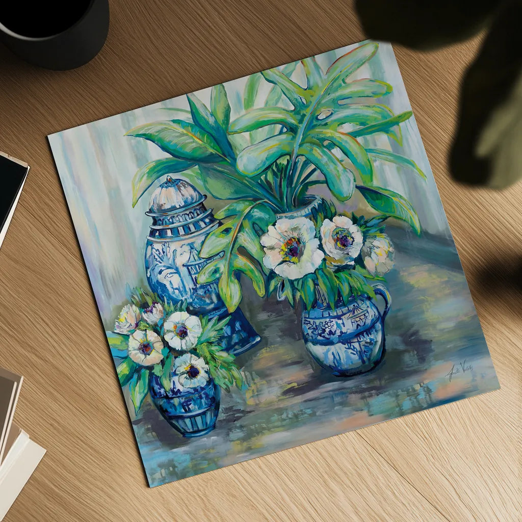 Chinoiserie Day by Jeanette Vertentes. Shown as a detailed flat fine art print, highlighting archival giclee quality. Available as an archival giclee rolled canvas, fine art paper, or poster print. SKU 70707a.