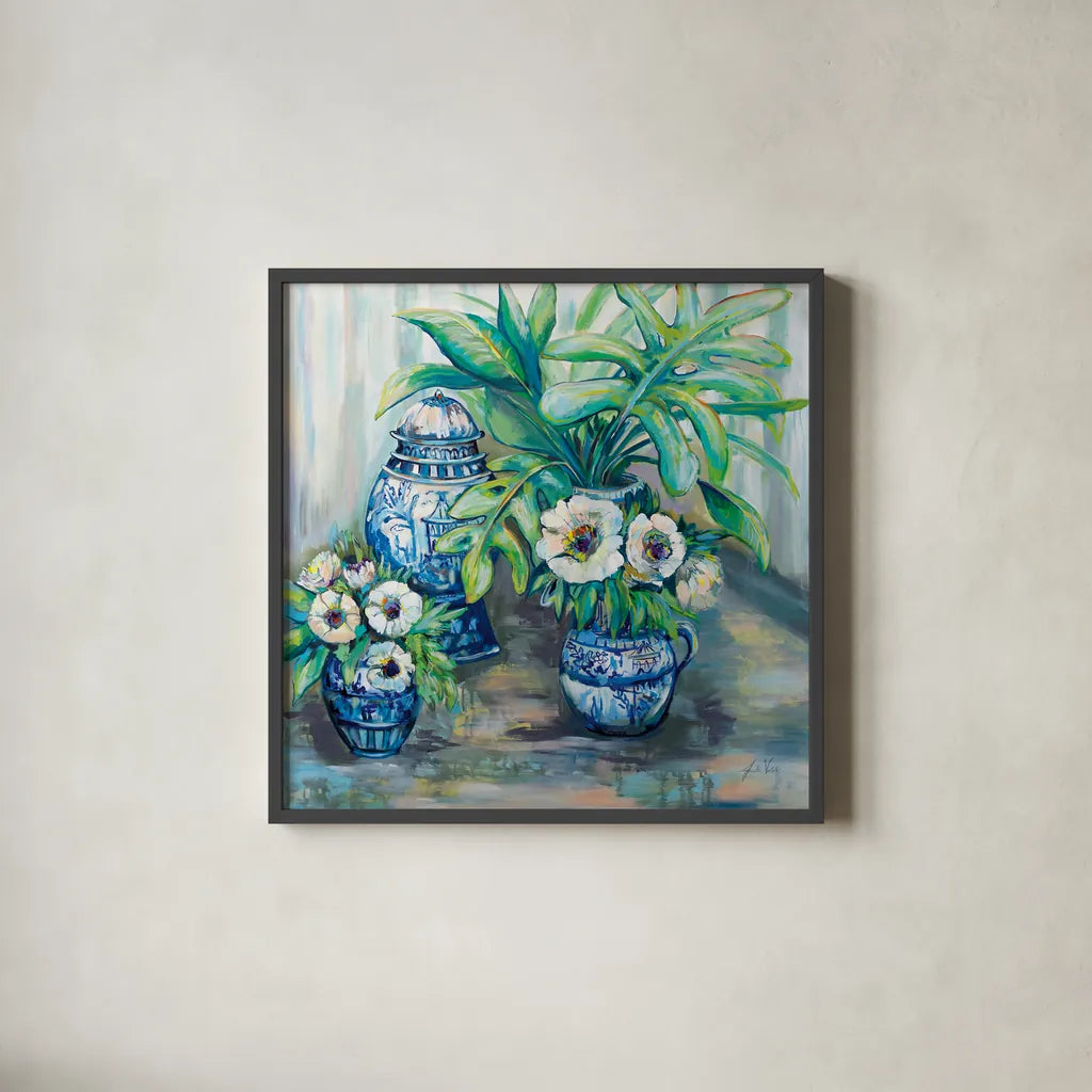 Chinoiserie Day by Jeanette Vertentes. Shown in a sleek black glass frame for a contemporary gallery look. Available as an archival giclee rolled canvas, fine art paper, or poster print. SKU 70707a.