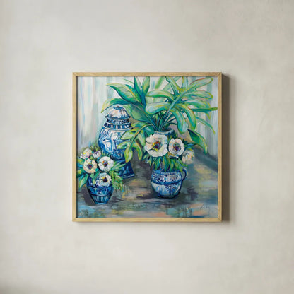 Chinoiserie Day by Jeanette Vertentes. Shown in a natural wood glass frame for a timeless modern aesthetic. Available as an archival giclee rolled canvas, fine art paper, or poster print. SKU 70707a.