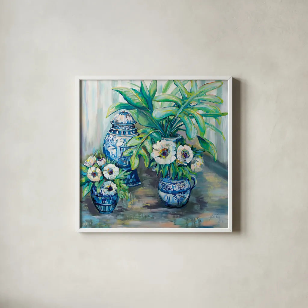 Chinoiserie Day by Jeanette Vertentes. Shown in a crisp white glass frame for a clean and minimalist style. Available as an archival giclee rolled canvas, fine art paper, or poster print. SKU 70707a.
