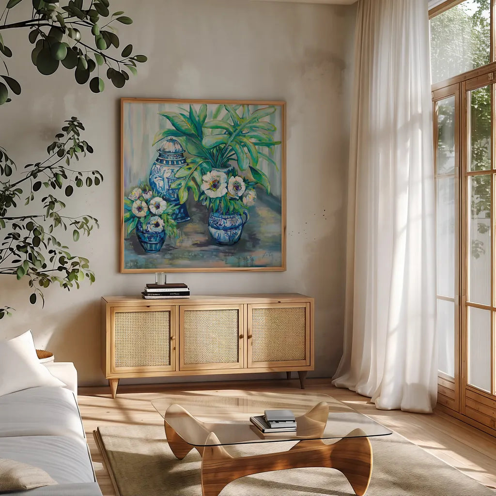 Chinoiserie Day by Jeanette Vertentes. Shown in a natural wood frame in a cozy modern living room. Available as an archival giclee rolled canvas, fine art paper, or poster print. SKU 70707a.