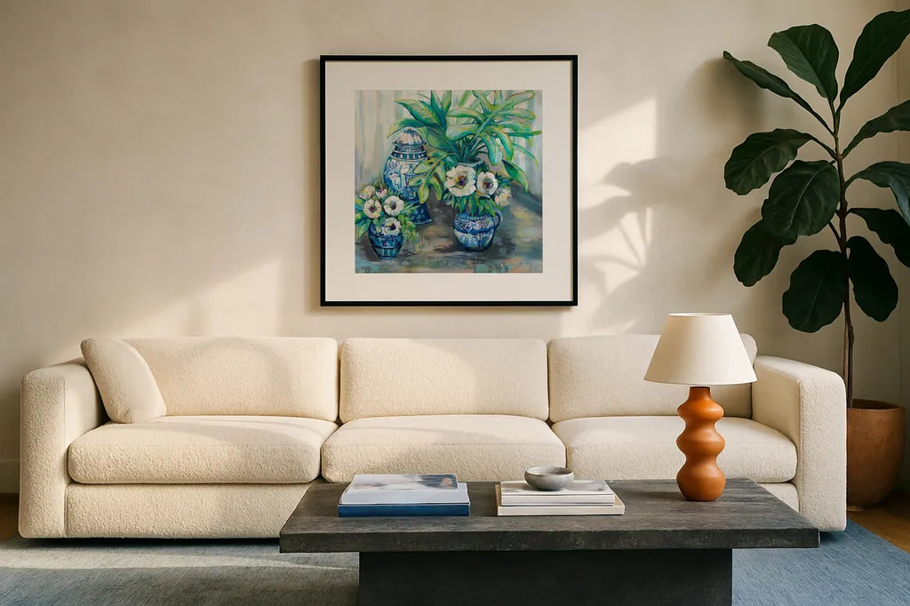 Chinoiserie Day by Jeanette Vertentes. Displayed in a glass frame with matte in a clean modern living room. Available as an archival giclee rolled canvas, fine art paper, or poster print. SKU 70707a.