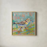 Coastal Plover I by Jeanette Vertentes. Shown in a natural wood glass frame for a timeless modern aesthetic. Available as an archival giclee rolled canvas, fine art paper, or poster print. SKU 55179a.