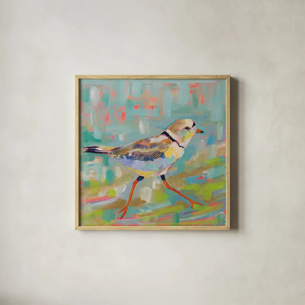 Coastal Plover I by Jeanette Vertentes. Shown in a natural wood glass frame for a timeless modern aesthetic. Available as an archival giclee rolled canvas, fine art paper, or poster print. SKU 55179a.