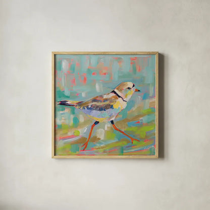 Coastal Plover I by Jeanette Vertentes. Shown in a natural wood glass frame for a timeless modern aesthetic. Available as an archival giclee rolled canvas, fine art paper, or poster print. SKU 55179a.