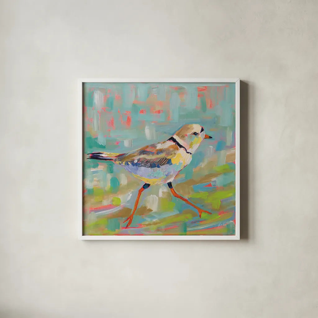 Coastal Plover I by Jeanette Vertentes. Shown in a crisp white glass frame for a clean and minimalist style. Available as an archival giclee rolled canvas, fine art paper, or poster print. SKU 55179a.
