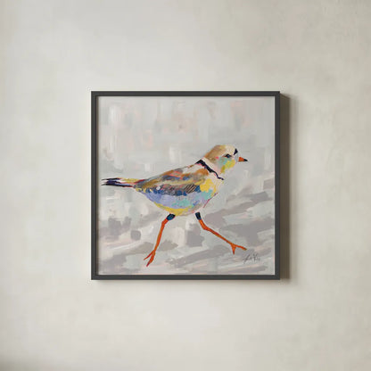 Coastal Plover I Gray by Jeanette Vertentes. Shown in a sleek black glass frame for a contemporary gallery look. Available as an archival giclee rolled canvas, fine art paper, or poster print. SKU 68800a.