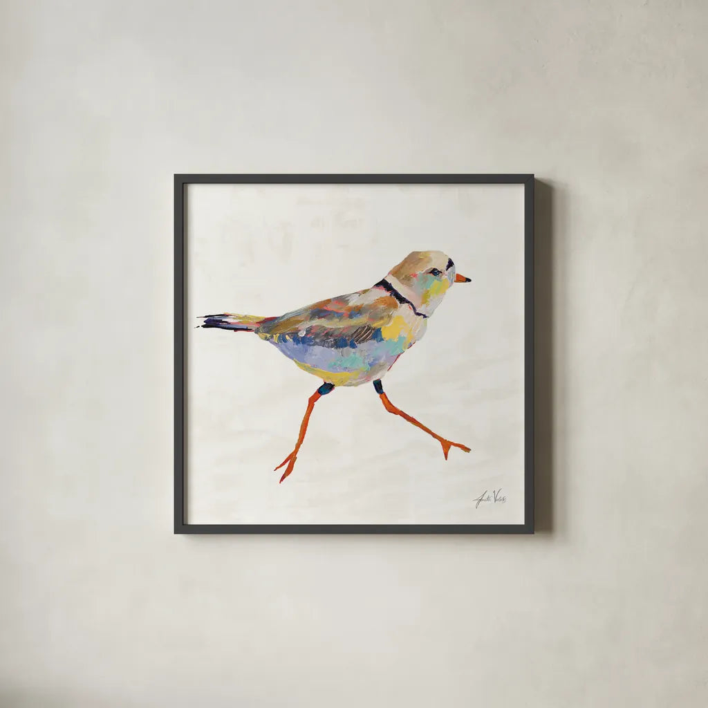 Coastal Plover I Linen by Jeanette Vertentes. Shown in a sleek black glass frame for a contemporary gallery look. Available as an archival giclee rolled canvas, fine art paper, or poster print. SKU 70069a.