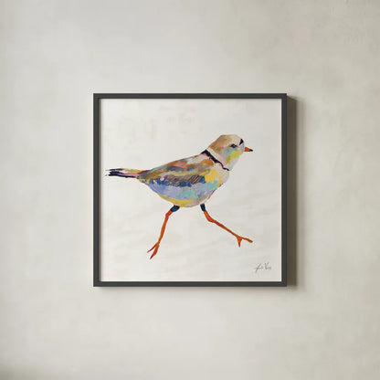 Coastal Plover I Linen by Jeanette Vertentes. Shown in a sleek black glass frame for a contemporary gallery look. Available as an archival giclee rolled canvas, fine art paper, or poster print. SKU 70069a.