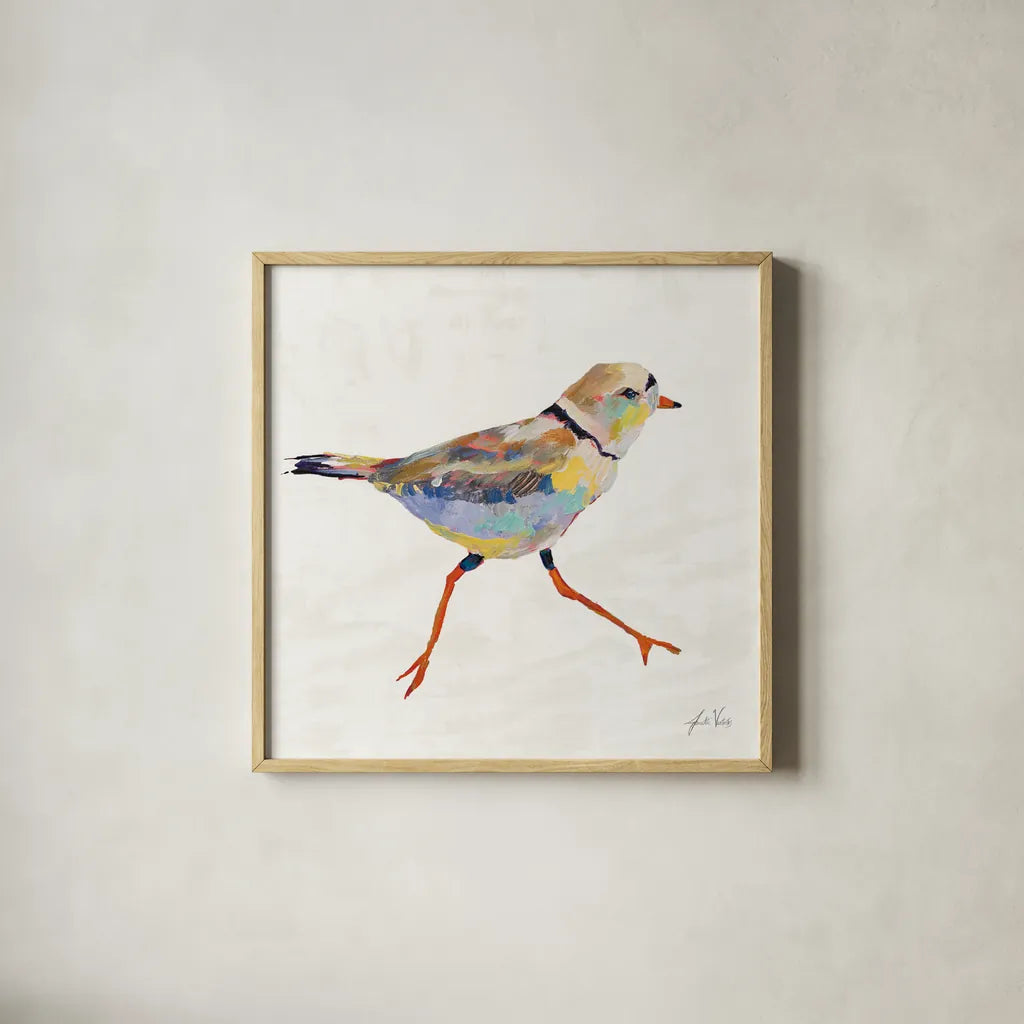 Coastal Plover I Linen by Jeanette Vertentes. Shown in a natural wood glass frame for a timeless modern aesthetic. Available as an archival giclee rolled canvas, fine art paper, or poster print. SKU 70069a.