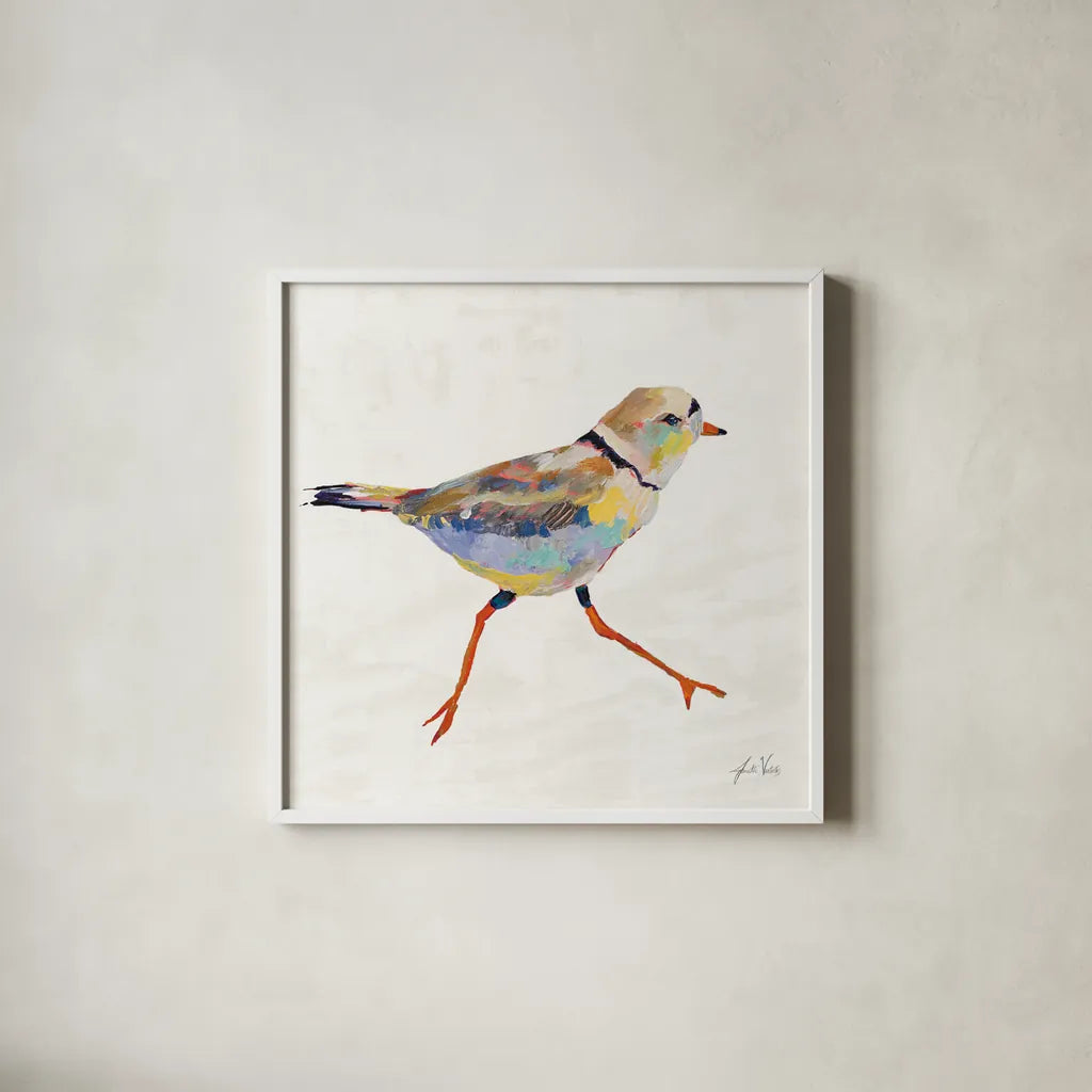 Coastal Plover I Linen by Jeanette Vertentes. Shown in a crisp white glass frame for a clean and minimalist style. Available as an archival giclee rolled canvas, fine art paper, or poster print. SKU 70069a.