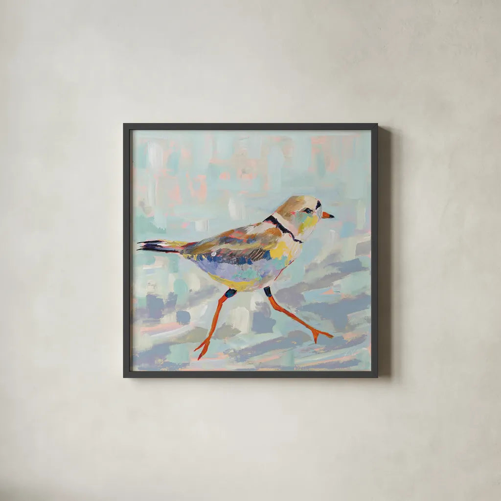Coastal Plover I Neutral by Jeanette Vertentes. Shown in a sleek black glass frame for a contemporary gallery look. Available as an archival giclee rolled canvas, fine art paper, or poster print. SKU 56824a.