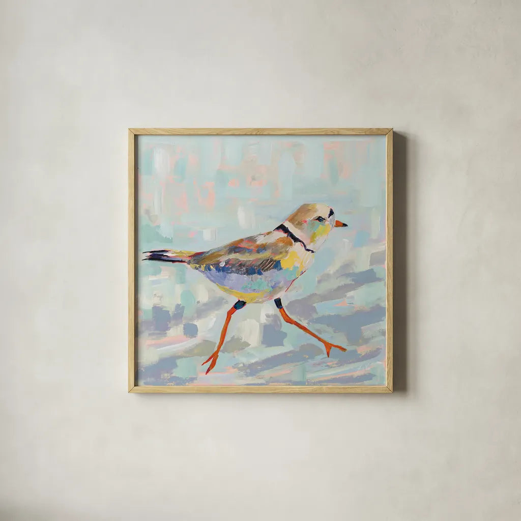 Coastal Plover I Neutral by Jeanette Vertentes. Shown in a natural wood glass frame for a timeless modern aesthetic. Available as an archival giclee rolled canvas, fine art paper, or poster print. SKU 56824a.