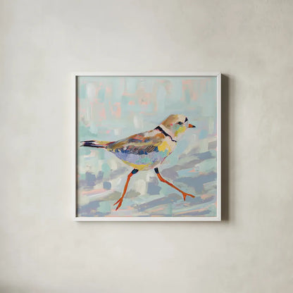 Coastal Plover I Neutral by Jeanette Vertentes. Shown in a crisp white glass frame for a clean and minimalist style. Available as an archival giclee rolled canvas, fine art paper, or poster print. SKU 56824a.