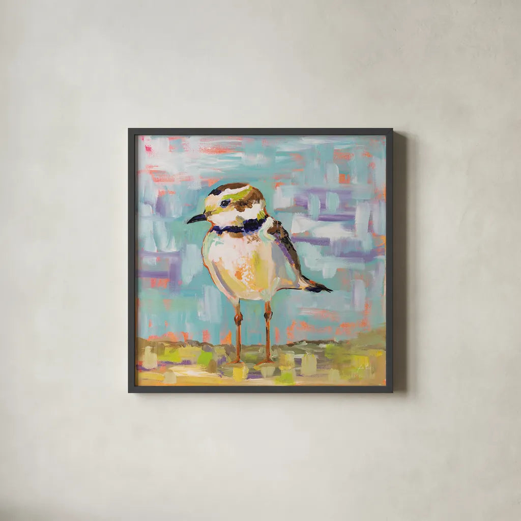Coastal Plover II by Jeanette Vertentes. Shown in a sleek black glass frame for a contemporary gallery look. Available as an archival giclee rolled canvas, fine art paper, or poster print. SKU 55180a.