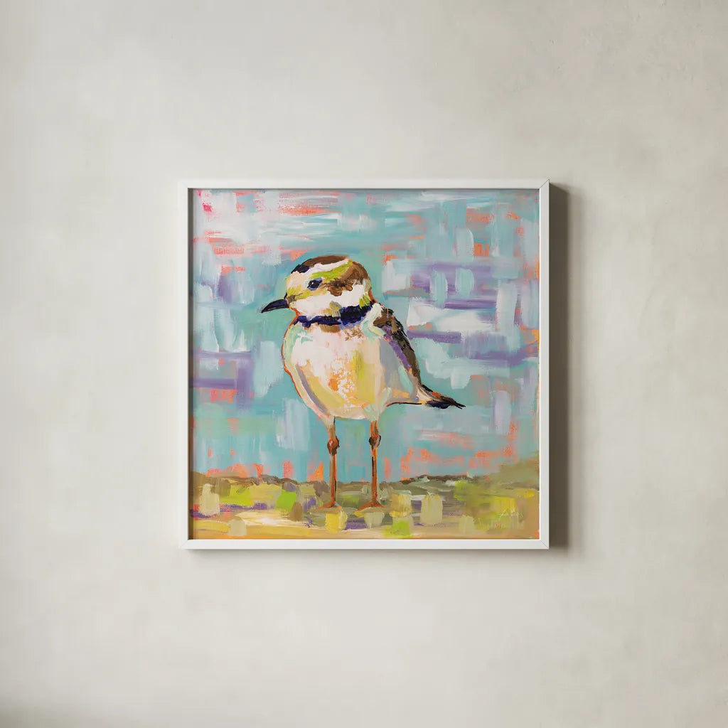 Coastal Plover II by Jeanette Vertentes. Shown in a crisp white glass frame for a clean and minimalist style. Available as an archival giclee rolled canvas, fine art paper, or poster print. SKU 55180a.